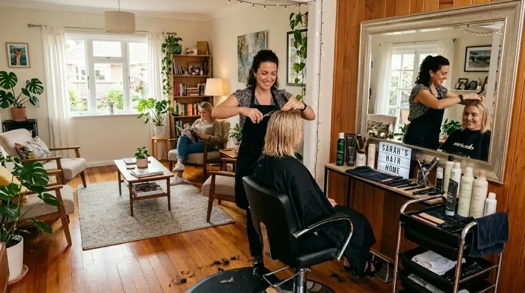 Kapper knipt klant in gezellig ingerichte salon aan huis