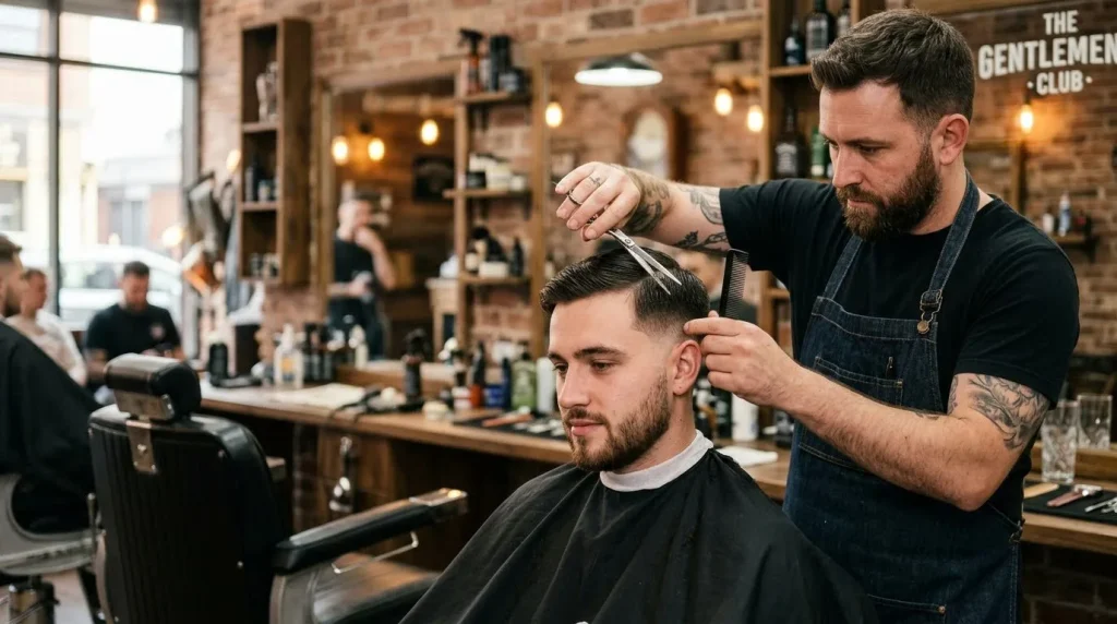 Barber knipt mannelijke klant in sfeervolle barbershop met retro-interieur