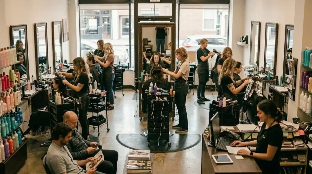 Drukke kapsalon met meerdere stylisten en klanten tijdens piekuren