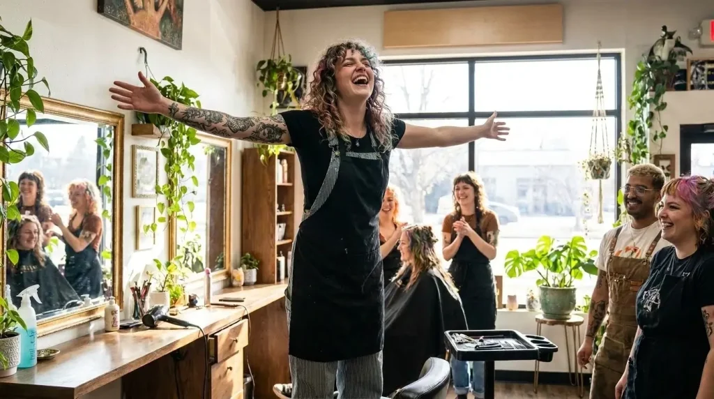 Enthousiaste salon-eigenaar viert succes met team in moderne kapsalon