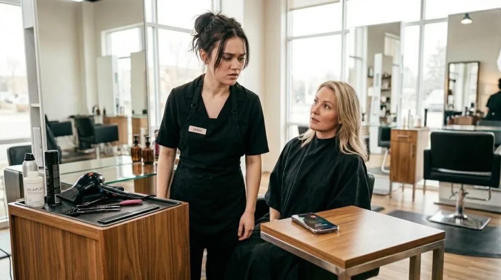 Kapper bespreekt behandeling met klant voor aanvang van afspraak in moderne salon