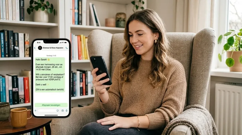 Klant ontvangt automatische afspraakherinnering via WhatsApp om no-shows te voorkomen