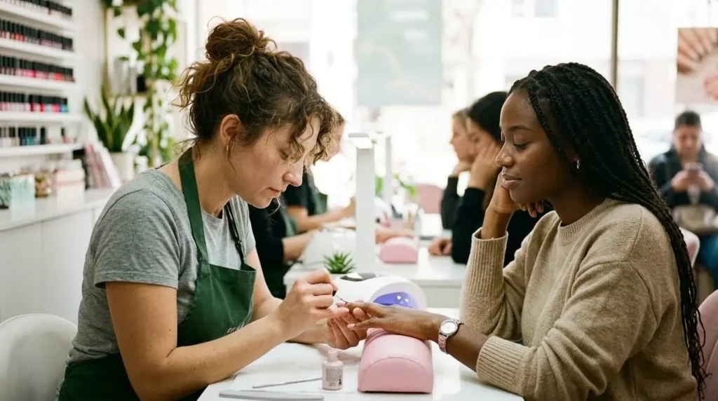 Nagelstyliste verzorgt manicure bij klant in drukke nagelstudio
