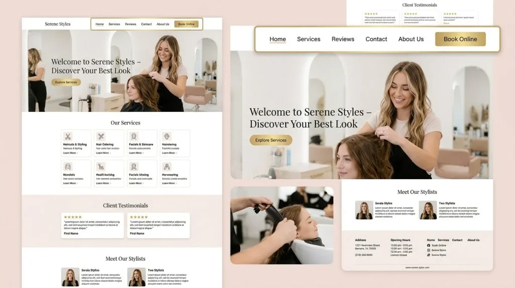 Professionele salonwebsite met online boekingsknop en dienstenoverzicht voor kapsalon