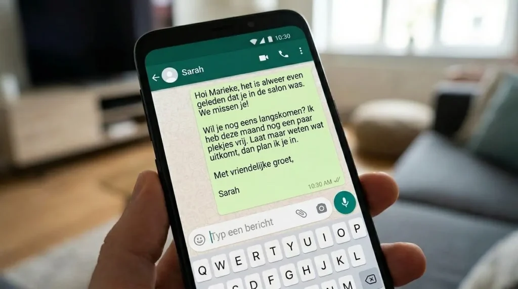 Salon-eigenaar stuurt persoonlijk WhatsApp-bericht om inactieve klant terug te winnen