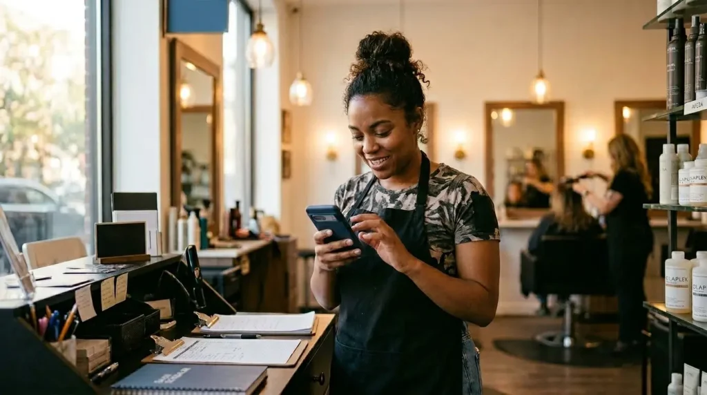 Saloneigenaar plaatst Instagram-content via smartphone om nieuwe klanten aan te trekken