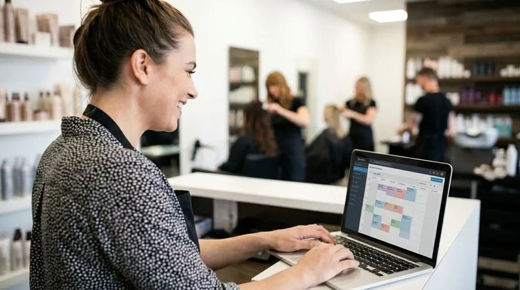 Salonmedewerker beheert online agenda en afspraken op laptop in drukke kapsalon