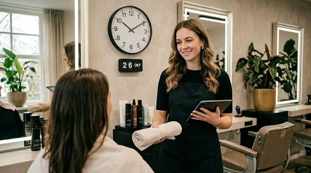 Salonmedewerker verwelkomt klant op tijd met tablet en handdoek in moderne kapsalon