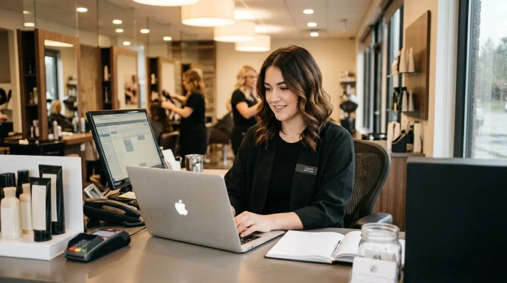 Salonreceptioniste verwerkt online afspraken op laptop aan de balie van een kapsalon