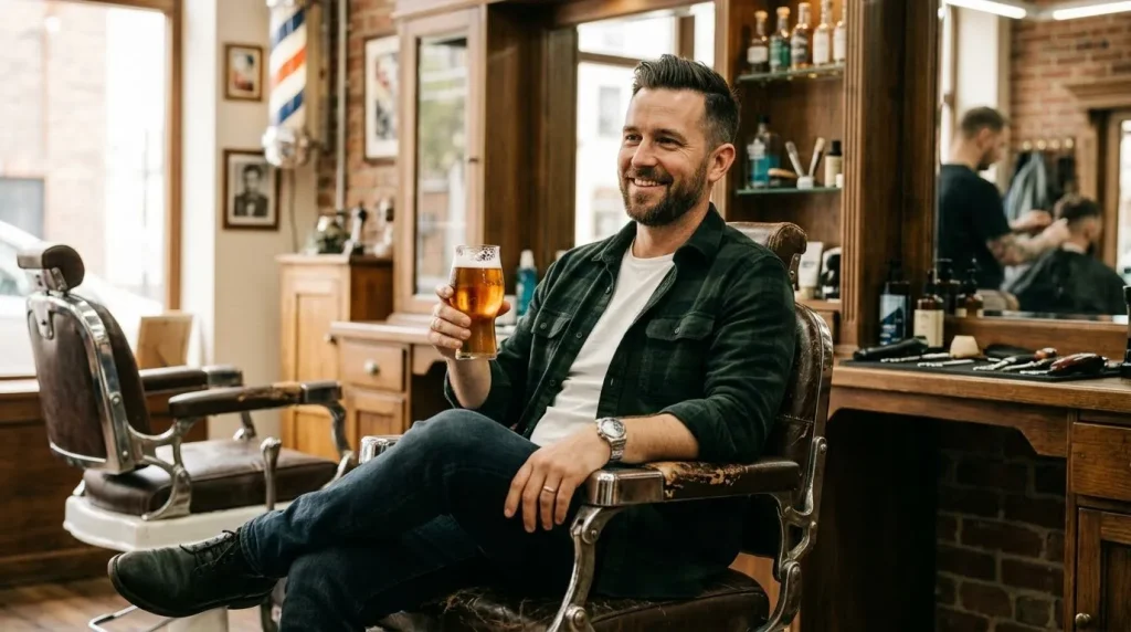 Tevreden mannelijke klant ontspant met drankje in klassieke barbershop