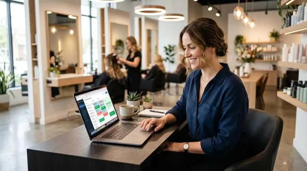 Tevreden saloneigenaar beheert afsprakenplanning via salonsoftware op laptop