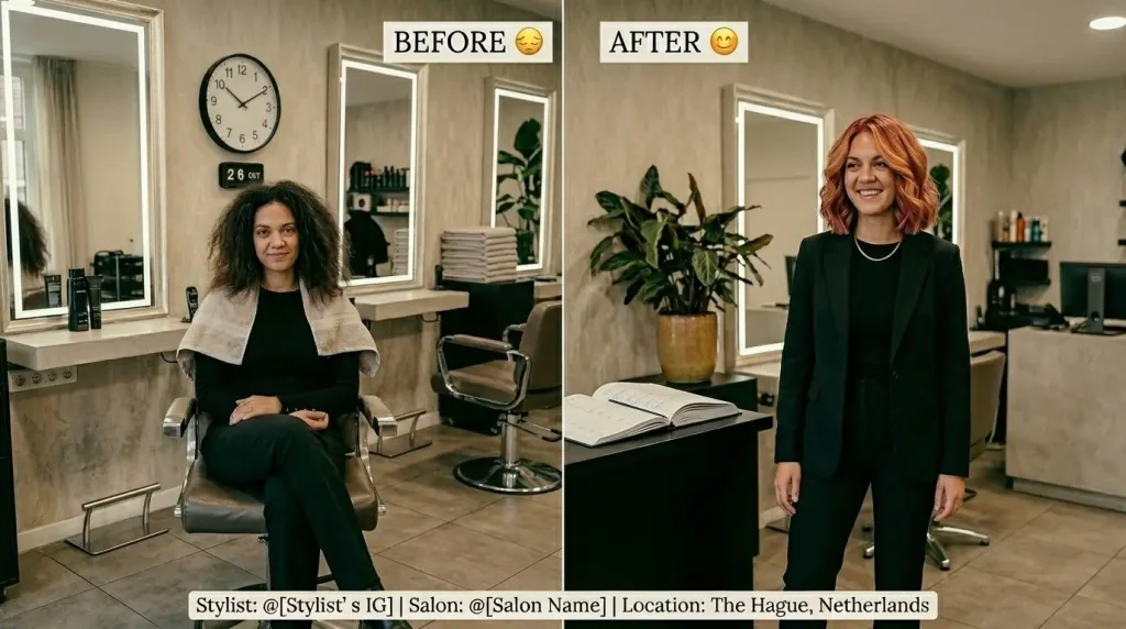 Voor en na foto van haarbehandeling in kapsalon als Instagram-content voor salonmarketing