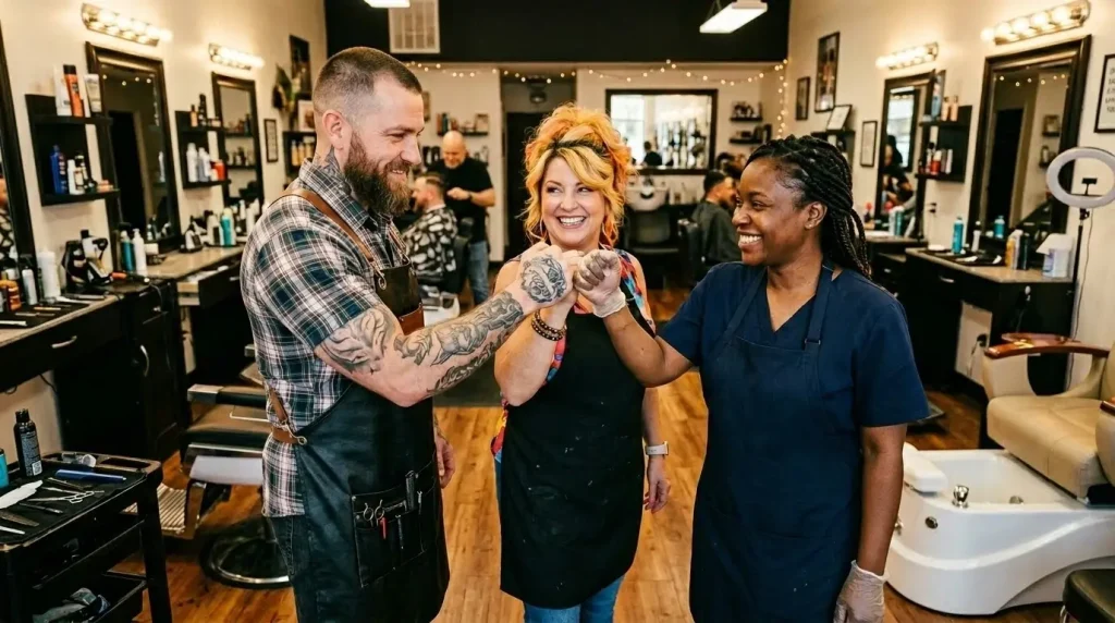 Vrolijk salonteam viert samenwerking in drukke barbershop